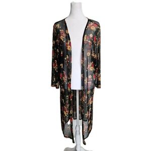 Black Sheer Floral Mesh Duster Kimono Robe 1x Romantic Whimsigoth Love Cameron